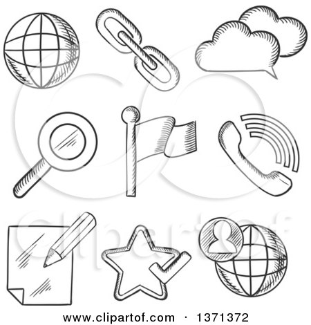 Clipart of Black and White Sketched Social Media, Search, Zoom, Note, Globe, Phone, Cloud, Link and Popular Elements - Royalty Free Vector Illustration by Vector Tradition SM