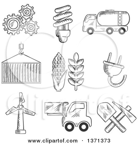 Clipart of Black and White Sketched Machinery, Light Bulb, Mining, Tank Car, Shipping, Wind Turbine, Plug, Forklift and Agriculture Symbols - Royalty Free Vector Illustration by Vector Tradition SM