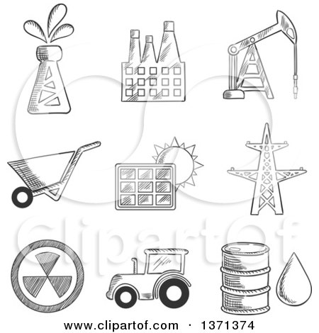 Clipart of a Black and White Sketched Oil Well, Factory, Oil Derrick, Mining, Solar Panel, Electricity Pylon, Nuclear Energy, Tractor and Oil Barrel - Royalty Free Vector Illustration by Vector Tradition SM