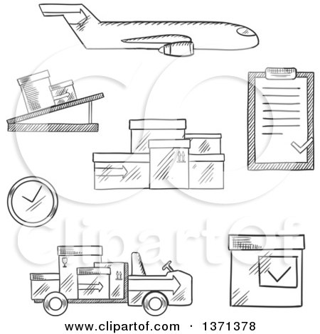 Clipart of a Black and White Sketched Airplane, Conveyor, Cardboard Boxes with Packaging Symbols, Airport Truck, Clock and Clip Board with Order List - Royalty Free Vector Illustration by Vector Tradition SM
