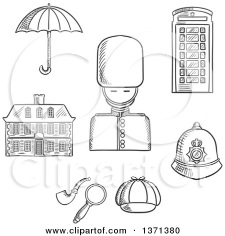 Clipart of a Black and White Sketched British Guard Soldier, Telephone Booth, Police Helmet, Detective Cap, Pipe and Magnifier, Umbrella and Old Building - Royalty Free Vector Illustration by Vector Tradition SM