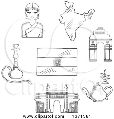 Clipart of a Black and White Sketched Gate Way, Arch, Woman in a Sari, National Flag, Pot of Tea and a Hookah Pipe - Royalty Free Vector Illustration by Vector Tradition SM