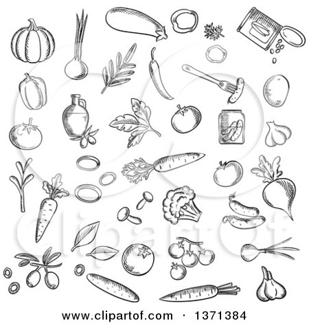 Clipart of a Black and White Sketched Foods - Royalty Free Vector Illustration by Vector Tradition SM