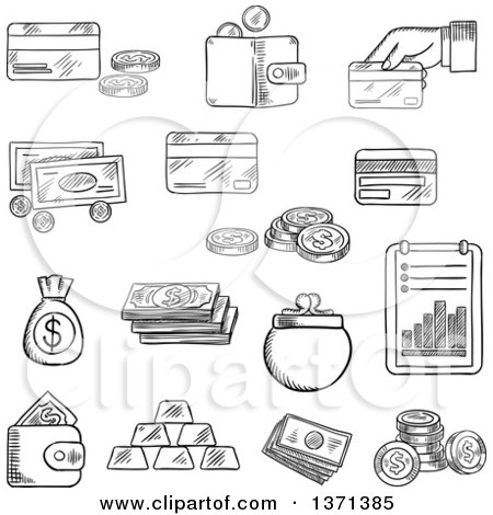Clipart of a Black and White Sketched Dollar Bills and Golden Coins, Stack of Gold Bars, Wallet, Money Bag, Bank Credit Cards and Financial Report - Royalty Free Vector Illustration by Vector Tradition SM
