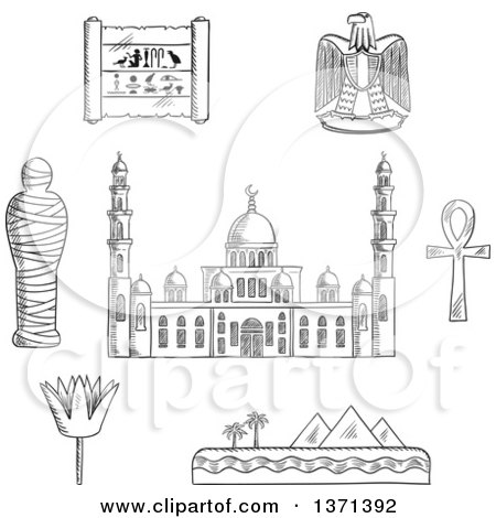Clipart of a Black and White Sketched Cairo Mosque, Pharaoh Mummy, Desert Landscape with Pyramids and Sea, Sacred Lotus Flower, Papyrus with Hieroglyphics, Eagle Emblem and Ankh Symbol - Royalty Free Vector Illustration by Vector Tradition SM