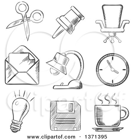Clipart of a Black and White Sketched Thumb Tack, Scissors, Chair, Mail, Lamp, Clock, Lightbulb and Cup of Tea - Royalty Free Vector Illustration by Vector Tradition SM