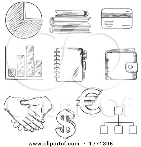 Clipart of a Black and White Sketched Pie and Bar Graph, Dollar and Euro Currency Symbols,bank Credit Card, Purse, Handshake, Flow Charts, Notebook and Books - Royalty Free Vector Illustration by Vector Tradition SM