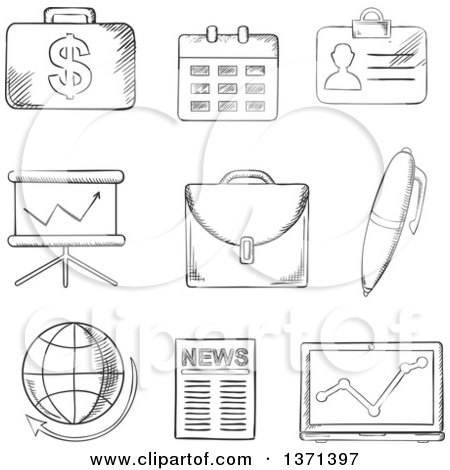 Clipart of a Black and White Sketched Money, Calendar, Briefcase, Reports, Computer, Pen, Globe, Financial News and Analytical Graphs - Royalty Free Vector Illustration by Vector Tradition SM