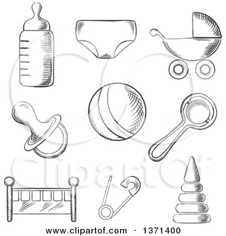 Clipart of a Black and White Sketched Baby Pram, Ball, Bottle, Dummy or Pacifier, Crib, Nappy, Safety Pin and Toys - Royalty Free Vector Illustration by Vector Tradition SM