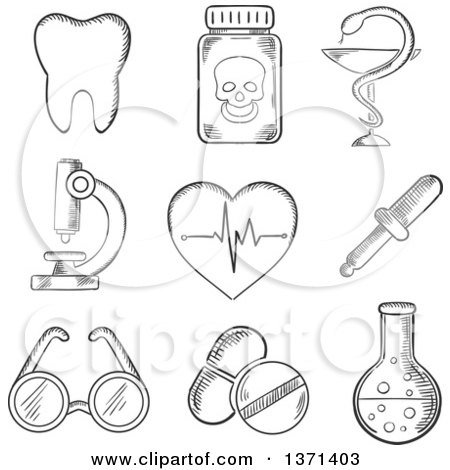 Clipart of a Black and White Sketched Tooth, Dentistry, Poison, Microscope, Heart with ECG, Spectacles, Dropper and Laboratory Tube - Royalty Free Vector Illustration by Vector Tradition SM
