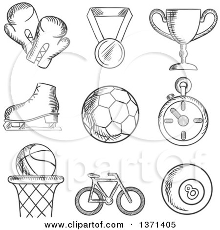 Clipart of a Black and White Sketched Basketball, Soccer , Football, Ice Skating, Boxing Gloves, Cycling and Bowls with a Winners Medal, Trophy and Stopwatch - Royalty Free Vector Illustration by Vector Tradition SM
