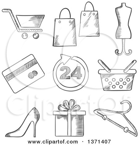 Clipart of a Black and White Sketched Shopping Cart, Bags, Tailors Dummy, Stiletto Shoe, Dress Size, Gift, Hanger, Credit Card and Shopping Bag - Royalty Free Vector Illustration by Vector Tradition SM