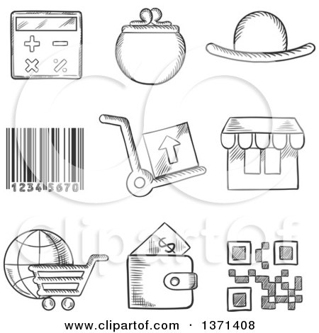 Clipart of a Black and White Sketched Purse, Wallet, Calculator, Bar Code, Trolleys, Store, Globe and Digital Code - Royalty Free Vector Illustration by Vector Tradition SM