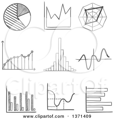 Clipart of a Black and White Sketched Pie Graph, Bar Graphs, Fluctuating Charts and Infographics - Royalty Free Vector Illustration by Vector Tradition SM