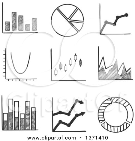 Clipart of a Black and White Sketched Pie Graph, Bar Graphs, Arrow Graphs and Flow Chart with Various Performance Trends - Royalty Free Vector Illustration by Vector Tradition SM
