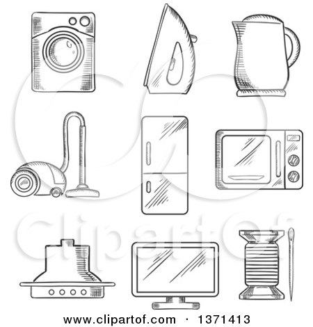 Clipart of a Black and White Sketched Vacuum Cleaner, Kettle, Iron, Fridge, Microwave Oven, Needle and Cotton, Television and Washing Machine - Royalty Free Vector Illustration by Vector Tradition SM