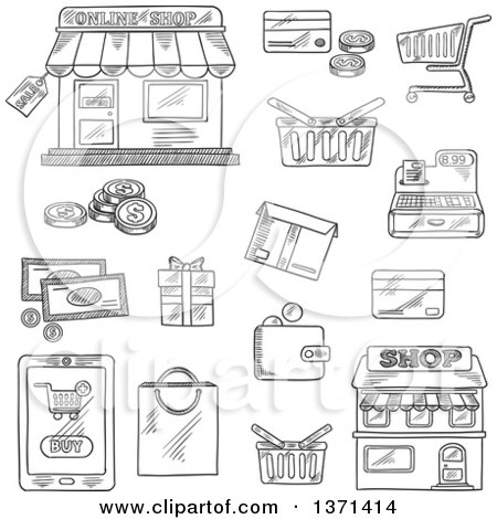 Clipart of a Black and White Sketched Online Shop, Sale Tag, Tablet Pc and Buy Button, Money, Credit Card, Shopping Cart, Basket and Bag, Store, Wallet, Cash Register, Gift and Delivery Box - Royalty Free Vector Illustration by Vector Tradition SM
