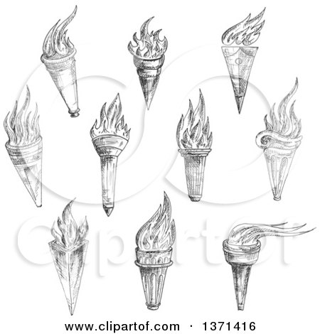 Clipart of Black and White Sketched Torches - Royalty Free Vector Illustration by Vector Tradition SM