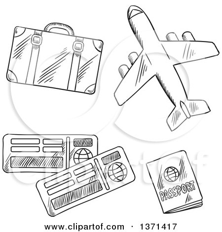 Clipart of a Black and White Sketched Airplane and Travel Items - Royalty Free Vector Illustration by Vector Tradition SM