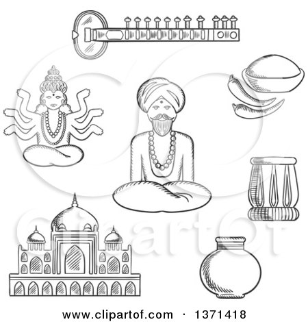 Clipart of a Black and White Sketched Sitar, Fresh Chili Pepper and Chili Powder, Tabla Drum, Vase, Ancient Temple, God Vishnu, Bearded Man in Turban in Lotus Pose - Royalty Free Vector Illustration by Vector Tradition SM