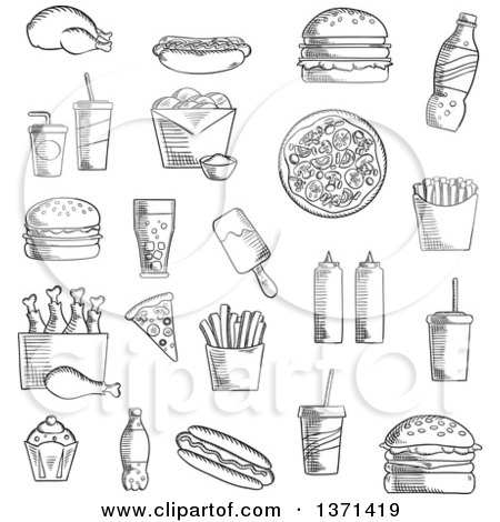 Clipart of Black and White Sketched Food - Royalty Free Vector Illustration by Vector Tradition SM