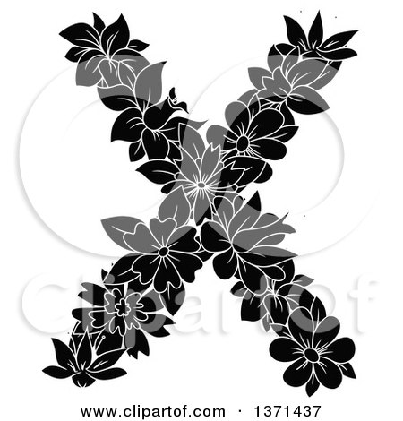 Clipart of a Black and White Floral Alphabet Letter X - Royalty Free Vector Illustration by Vector Tradition SM
