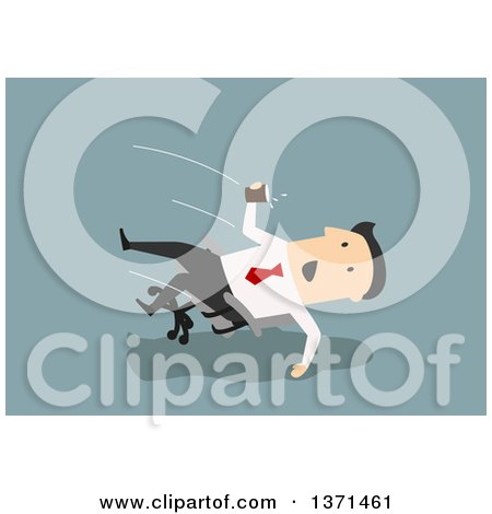 Clipart of a Flat Design White Business Man Falling Backwards in a Chair, on Blue - Royalty Free Vector Illustration by Vector Tradition SM