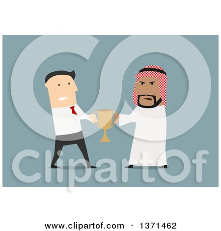 Clipart of Flat Design White Business and Arabian Men Fighting over a Trophy, on Blue - Royalty Free Vector Illustration by Vector Tradition SM
