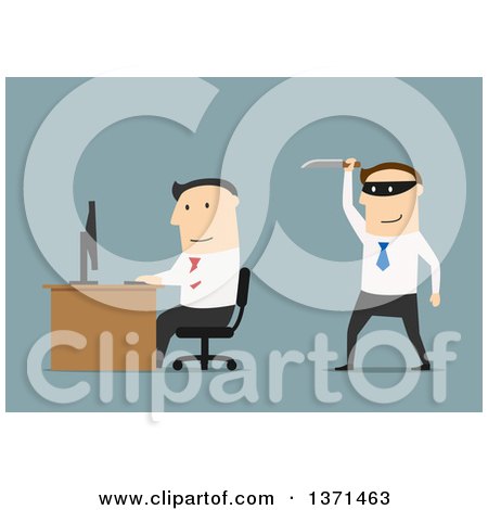 Clipart of a Flat Design White Business Man Ready to Stab Someone in the Back, on Blue - Royalty Free Vector Illustration by Vector Tradition SM