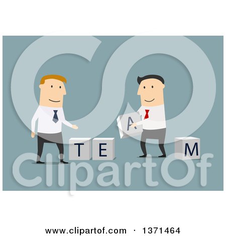 Clipart of Flat Design White Business Men Putting Together Team Blocks, on Blue - Royalty Free Vector Illustration by Vector Tradition SM