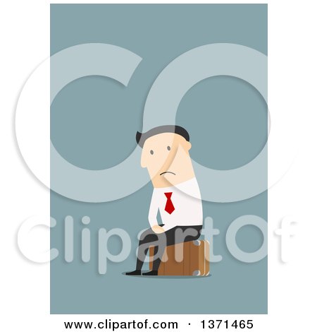 Clipart of a Flat Design Sad White Business Man Sitting on a Suitcase, on Blue - Royalty Free Vector Illustration by Vector Tradition SM
