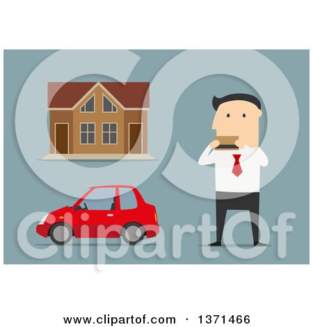 Clipart of a Flat Design White Business Man Purchasing a House and Car, on Blue - Royalty Free Vector Illustration by Vector Tradition SM