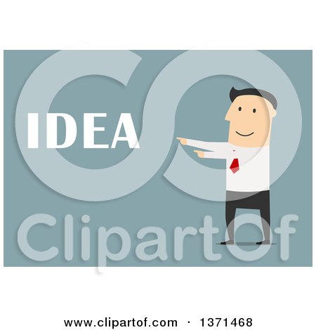 Clipart of a Flat Design White Business Man Pointing to Idea Text, on Blue - Royalty Free Vector Illustration by Vector Tradition SM