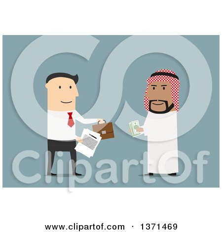 Clipart of a Flat Design White Business Man Making a Deal with an Arabian Man, on Blue - Royalty Free Vector Illustration by Vector Tradition SM