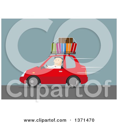 Clipart of a Flat Design White Business Man Driving a Car with Luggage on Top, on Blue - Royalty Free Vector Illustration by Vector Tradition SM