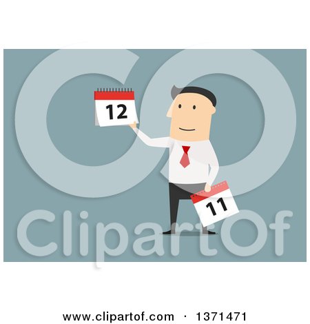 Clipart of a Flat Design White Business Man Holding Calendars, on Blue - Royalty Free Vector Illustration by Vector Tradition SM