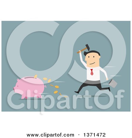 Clipart of a Flat Design White Business Man Chasing a Piggy Bank, on Blue - Royalty Free Vector Illustration by Vector Tradition SM