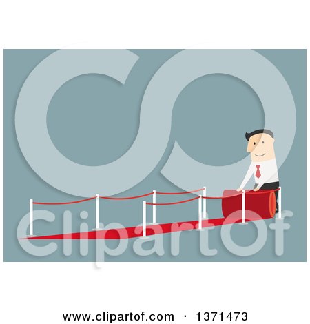 Clipart of a Flat Design White Business Man Rolling out a Red Carpet, on Blue - Royalty Free Vector Illustration by Vector Tradition SM