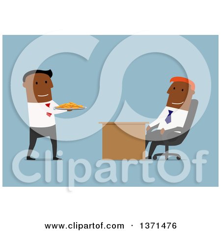 Clipart of a Flat Design Team of Black Business Men with a Plate of Coins, on Blue - Royalty Free Vector Illustration by Vector Tradition SM