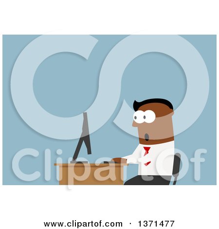 Clipart of a Flat Design Black Business Man Shocked at What He Sees Online, on Blue - Royalty Free Vector Illustration by Vector Tradition SM