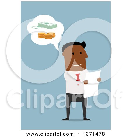 Clipart of a Flat Design Black Business Man Thinking of Money and Reading a Letter, on Blue - Royalty Free Vector Illustration by Vector Tradition SM
