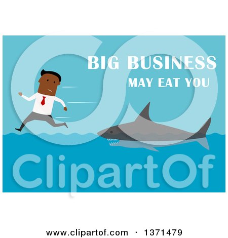 Clipart of a Flat Design Black Business Man Being Chased by a Shark, with Big Business May Eat You, on Blue - Royalty Free Vector Illustration by Vector Tradition SM