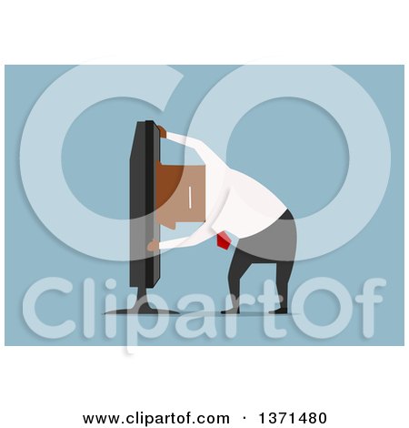 Clipart of a Flat Design Black Business Man Sticking His Head in a Tv, on Blue - Royalty Free Vector Illustration by Vector Tradition SM