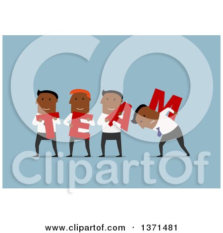 Clipart of a Flat Design Team of Black Business Men with Letters, on Blue - Royalty Free Vector Illustration by Vector Tradition SM
