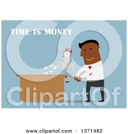 Clipart of a Flat Design Black Business Man with Time Is Money Text and a Grinder, on Blue - Royalty Free Vector Illustration by Vector Tradition SM