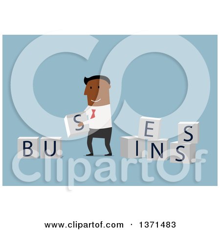 Clipart of a Flat Design Black Business Man Laying out Blocks, on Blue - Royalty Free Vector Illustration by Vector Tradition SM