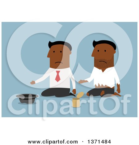 Clipart of a Flat Design Black Business Man Going from Riches to Rags, on Blue - Royalty Free Vector Illustration by Vector Tradition SM