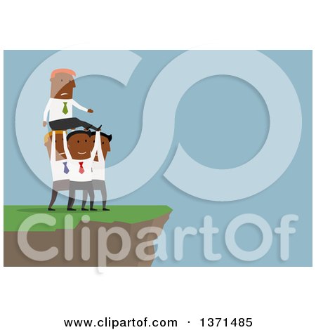 Clipart of a Flat Design Team of Black Business Men Carrying Another to a Cliff, on Blue - Royalty Free Vector Illustration by Vector Tradition SM