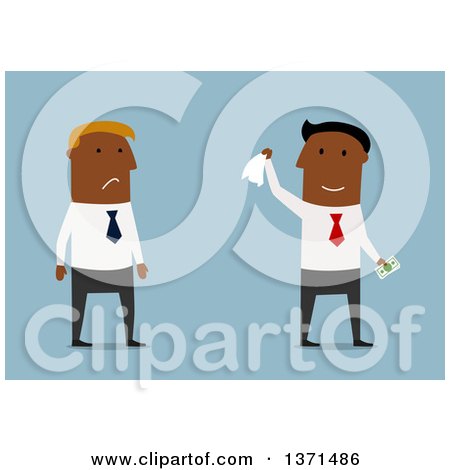 Clipart of a Flat Design Team of Black Business Men, One Upset, One Holding Cash, on Blue - Royalty Free Vector Illustration by Vector Tradition SM