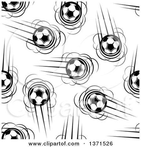 Clipart of a Seamless Pattern Background of Black and White Flying Soccer Balls - Royalty Free Vector Illustration by Vector Tradition SM